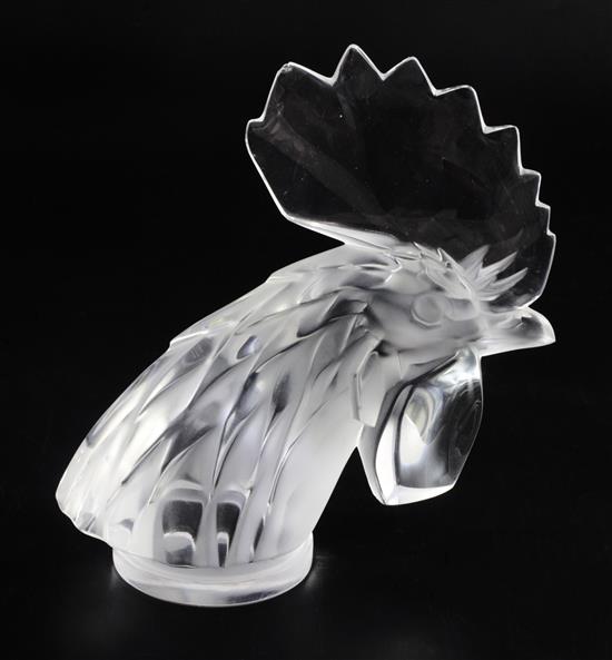 Tête de Coq/Cocks head. A glass mascot by René Lalique, introduced on 3/2/1928, No.1137 Height 18cm.